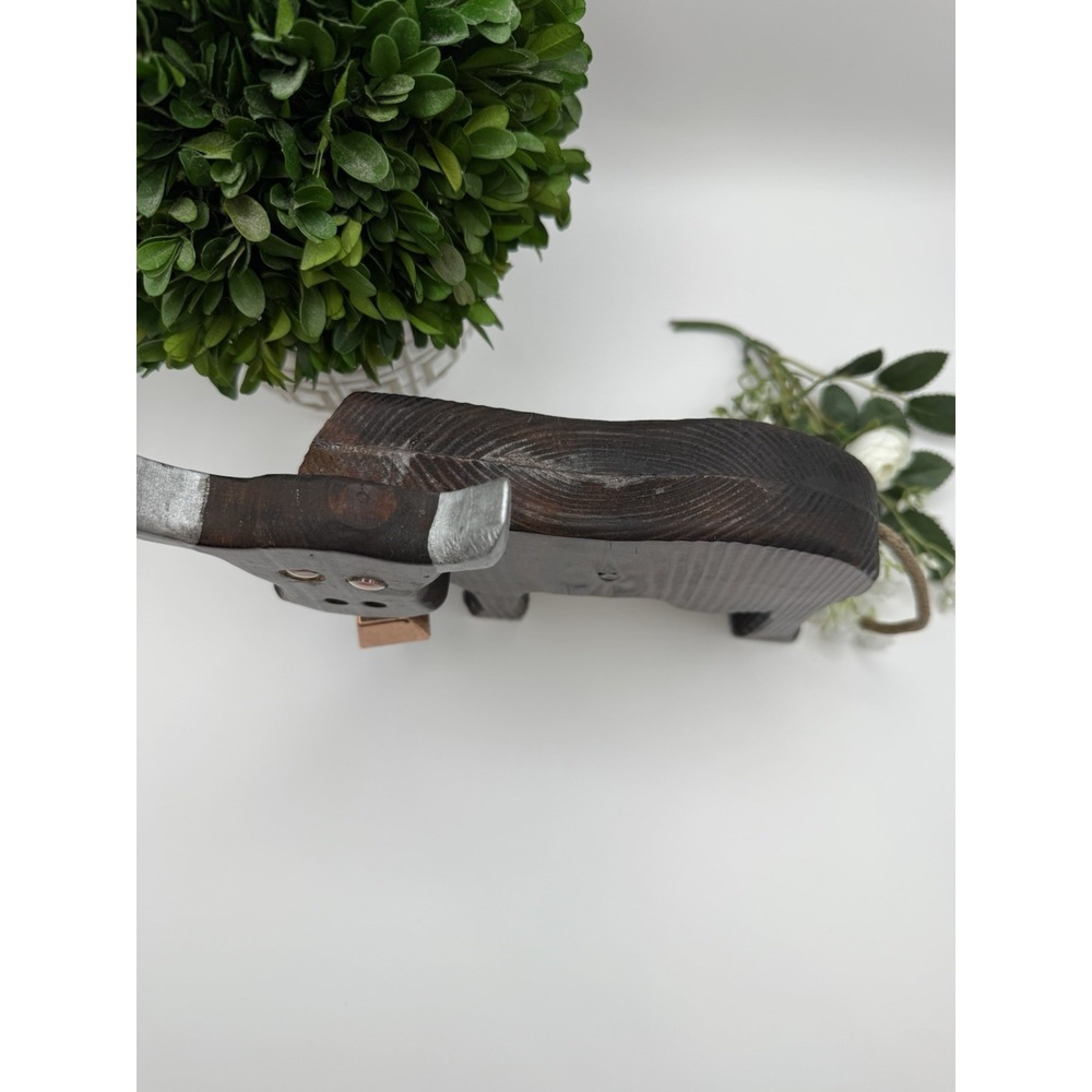 Rustic Hand‎ Carved Wooden Bull Figurine 8" Farmhouse Decor Silver Horns Bell - Picture 3 of 8